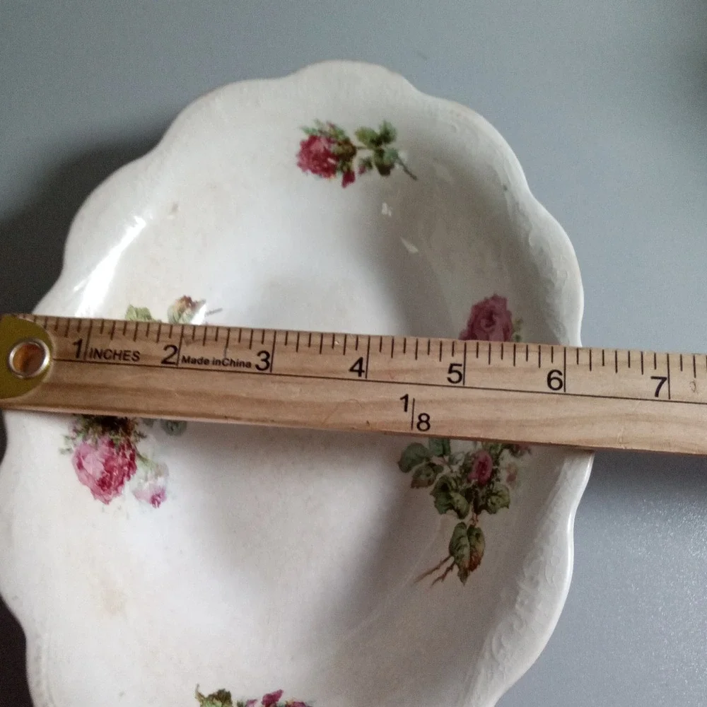 Antique Vodrey China Oval Bowl Pink Rose Floral Scalloped Edge Victorian Decor